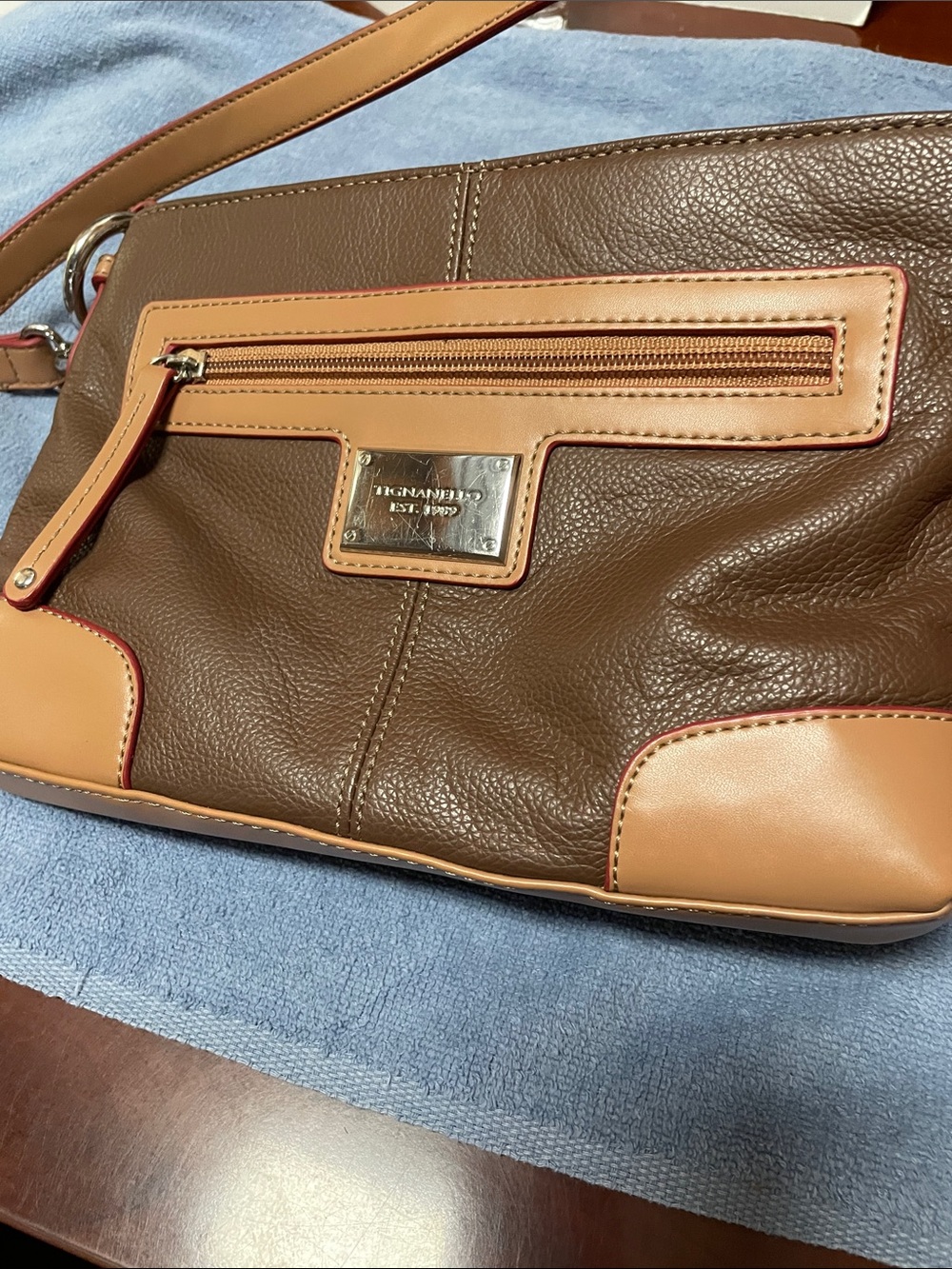 Tignanello Tan and Brown Leather Crossbody with Striped Lining - Picture 2 of 8